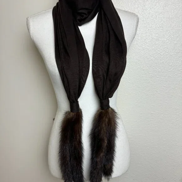 Scarf Dark Chocolate with  Real Mink Fur Long