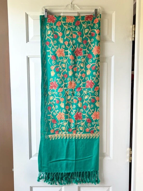 Green  Embroidered Large Scarf Shawl Wrap with Fringe Fall Leaf Motif Green