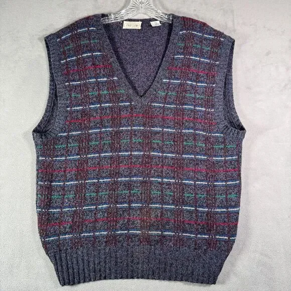 VTG Parisian Sweater Vest Mens XL Blue Plaid‎ Wool Blend Italy Made Golf Preppy