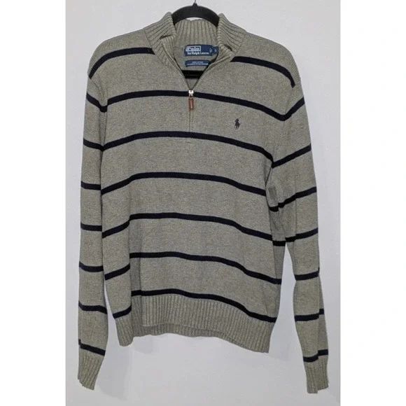 VTG Polo Ralph Lauren 1/4 Zip Sweater Men Large Gray Striped Mock Neck Pullover