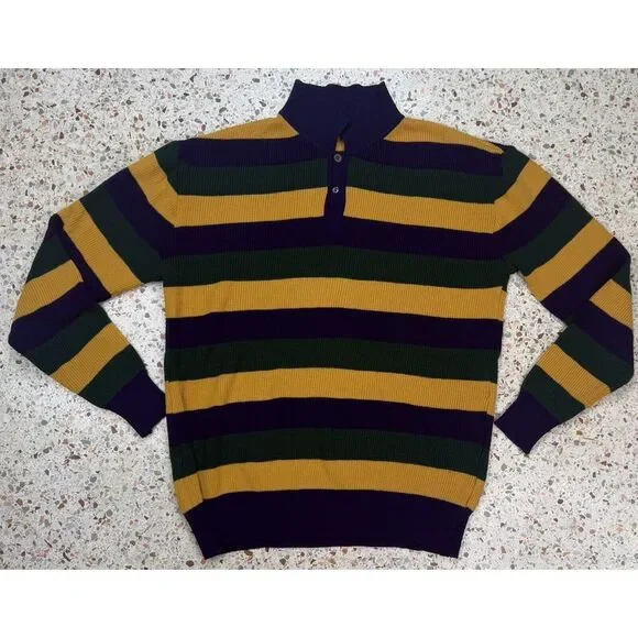 The Hecht Co Rare Vtg‎ Men's Striped Made In Italy 1/4 Button Up Sweater Size L