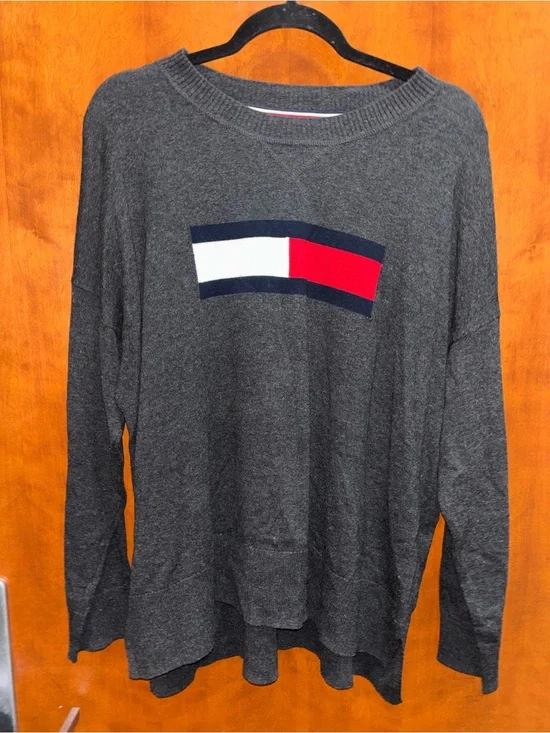 Tommy Hilfiger Dark Gray Crewneck Sweater with Red, White & Navy Flag