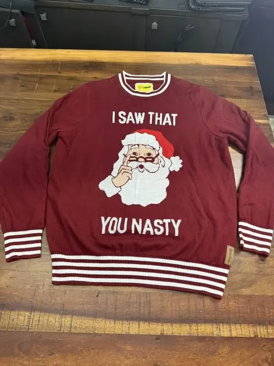 Tipsy Elves I SAW THAT YOU NASTY Ugly Christmas Sweater Santa Mens Sz XL, Maroon