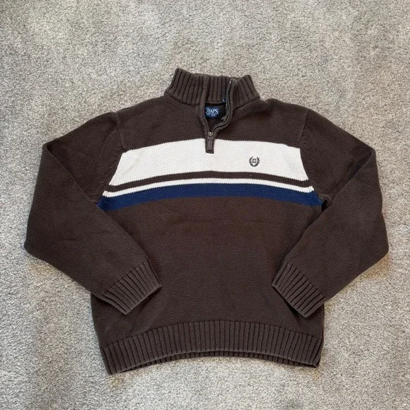 Chaps Mens Quarter Zip Sweater Brown Striped Mock Neck Knit Pullover Logo
