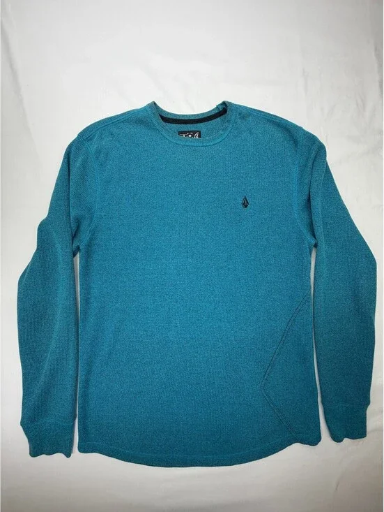 Volcom Men's Sweater Encore Marled Thermal Crew Neck Pullover Size Large Blue