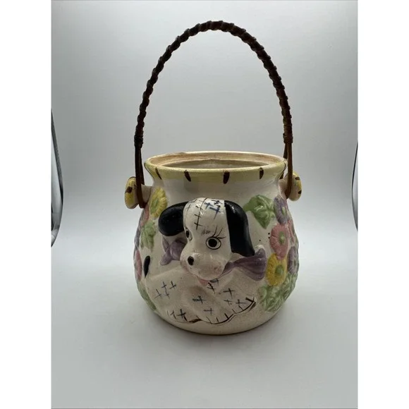 VERY RARE Lefton Puppy & Birdy 3D Cookie Biscuit Jar‎ Missing Lid