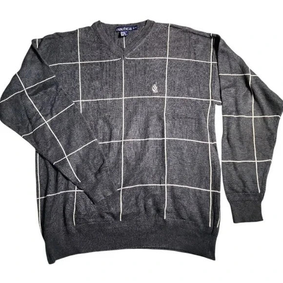 Nautica V-Neck Sweater Mens M Grey Windowpane Grid Preppy Classic Casual
