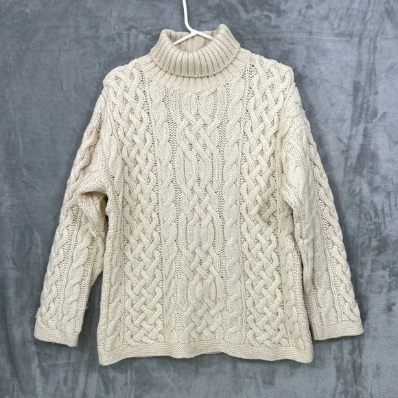 McKennas Wool Size M Chunky Ivory Fisherman Cable Knit Sweater England Turtlenec
