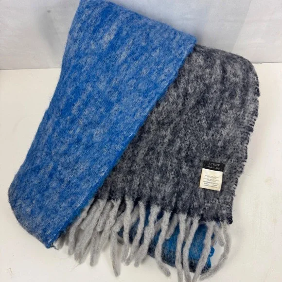 J.Crew Colorblock Wool Blend Fringe‎ Scarf Blue Gray Made in Italy