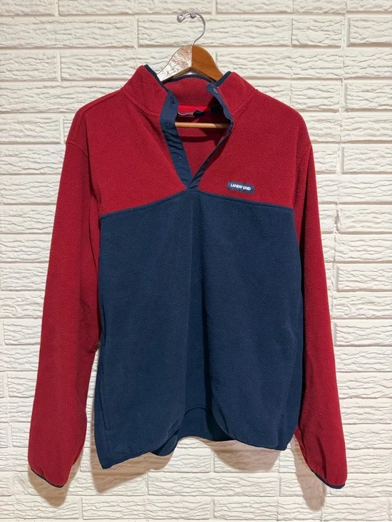 Lands' End Men’s Two-Tone Red and Navy Zip Fleece Pullover