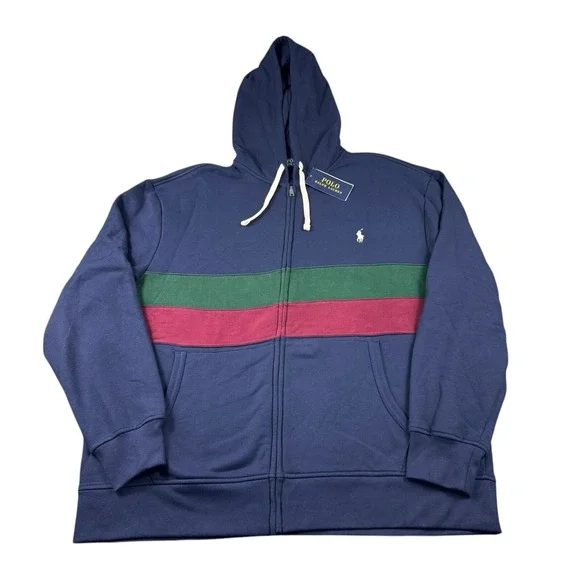 Polo Ralph Lauren Mens XLB Blue Striped Hooded Full Zip Sweater Hoodie NWT