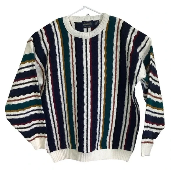 Vintage Mens XL Striped Knit Sweater Retro 90s Colorblock Crewneck Pullover