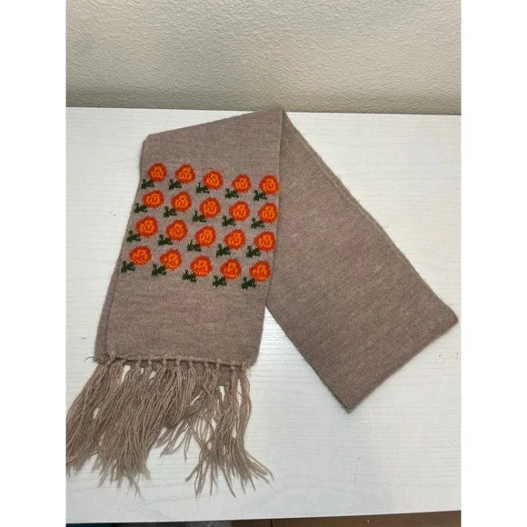 Cozy‎ Knit Scarf Orange Floral Embroidered Fringe Warm Winter Accessory