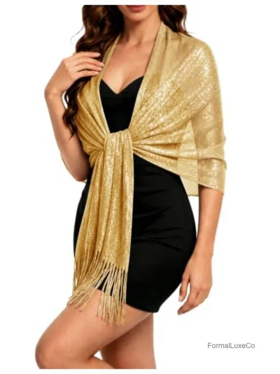 Metallic Glitter Shawl Wrap with Tassel Fringe and Buckle - Formal Evening Scarf