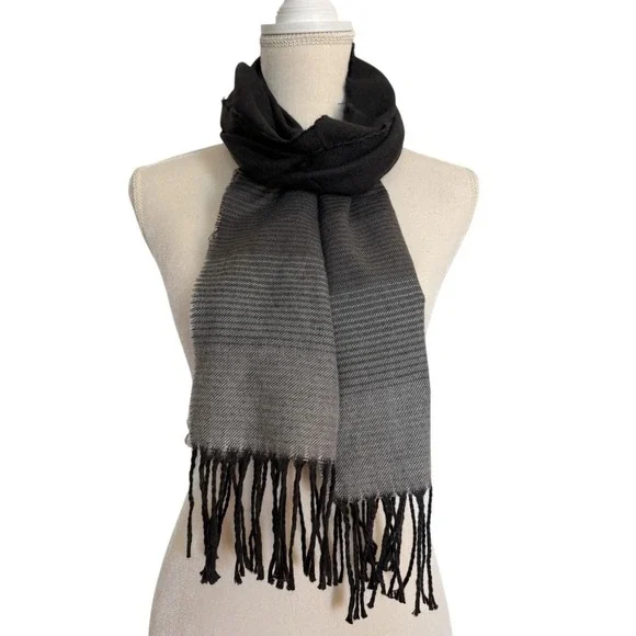 Made in Scotland 100% Cashmere Ombre‎ Gray Black Fringe Scarf Unisex 73