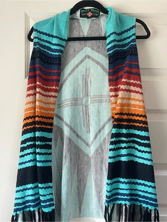 Crazy Train Turquoise Aztec Zia Striped Knit Fringe Shawl Kimono Cardigan Wrap