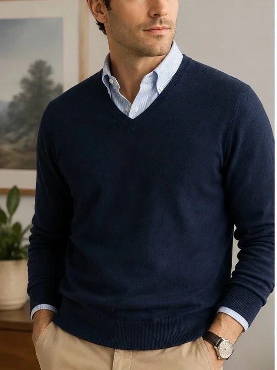 J.Crew Men’s Cotton Cashmere V-Neck Sweater Navy Blue Medium