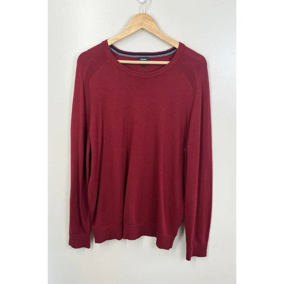 Express 100% Merino Wool Sweater Mens Lg Burgundy Crew Neck Heather Knit