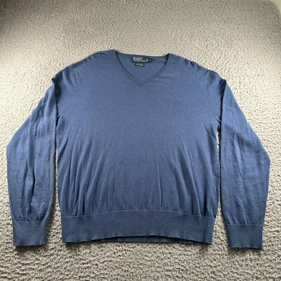 Polo Ralph Lauren Sweater‎ Mens L V-Neck Cotton Cashmere Blend Navy Lightweight