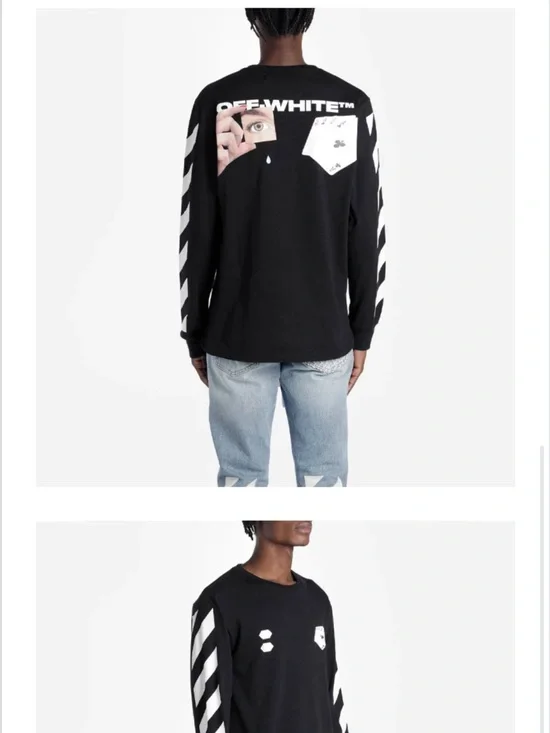 Off-White Black Crewneck Sweatshirt with White Diagonal Sleeve Stripes