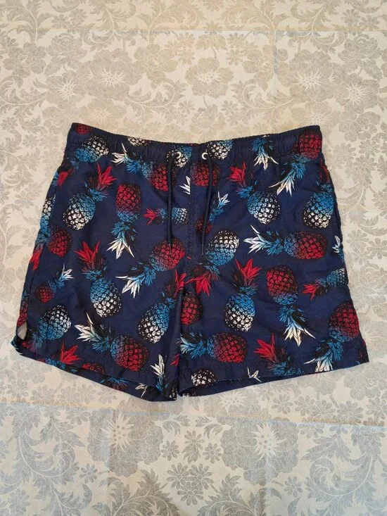 George Men's Pineapple Print Swim Trunks Navy Blue Size M (32-34) Mesh lined