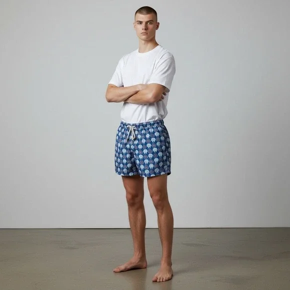 PALMACEA Men's Swim Trunks Navy Blue Shell Print Elastic Waist Drawstring Size M