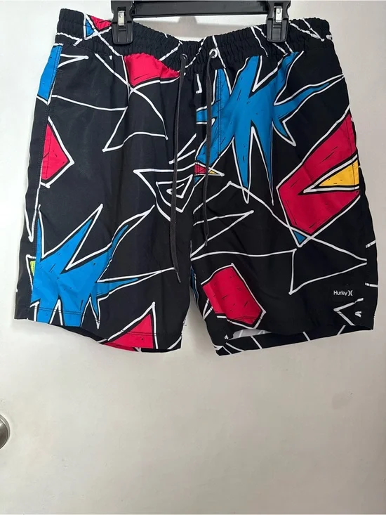 Hurley Black Swim Board Shorts with Blue, Red, and Yellow Graphic Shapes