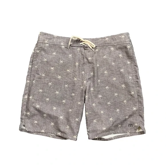 Travis Mathew Board Shorts Mens 36 Gray Palm Tree Drawstring Tie Beach Surf Swim