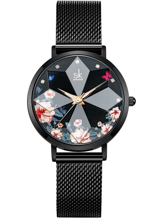 Women's Black Flower Creative Starry Sky Stainless Steel Mesh Band Wrist Watch