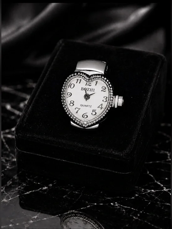 Silver Heart-Shaped Rhinestone Quartz Finger Watch Ring