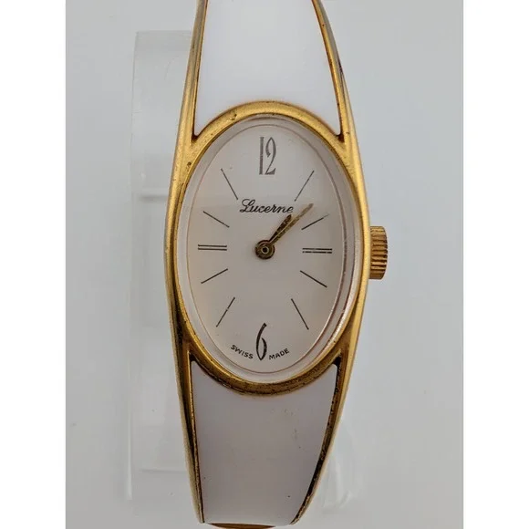 Vintage Lucerne Mechanical Watch Women 19mm Case White/Gold Bangle Band- Working