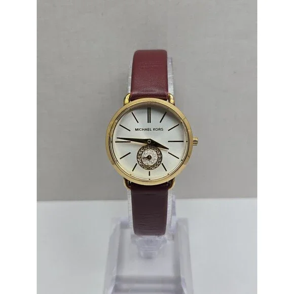 Michael Kors Portia Womens Gold Tone Merlot Leather Pave Watch 28 mm New Battery