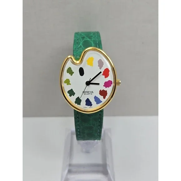 Vintage Geneva Artist Palette Watch Green Leather Gold Tone 31mm Art New Battery