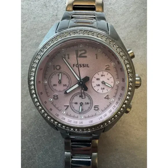 Fossil Pink Chronograph Watch Crystal Bezel Stainless Steel -Needs Battery