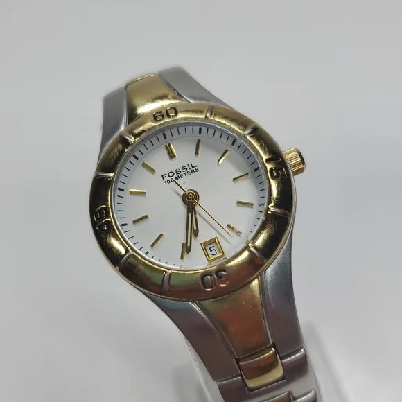 Vintage Fossil Blue AM3860 Two Tone Gold Silver Stainless Steel Watch