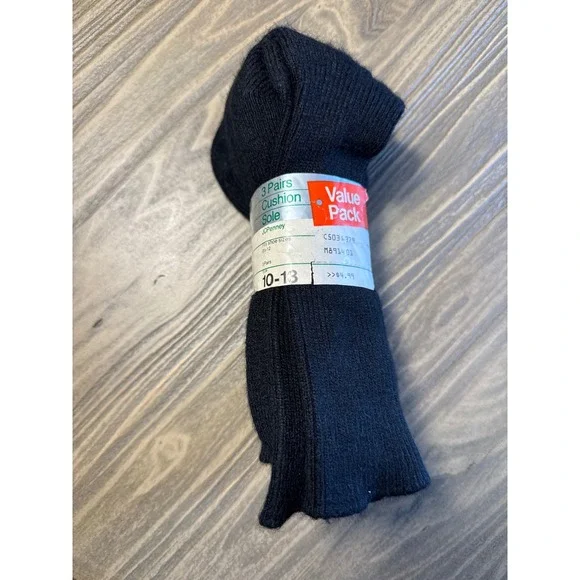VTG NOS JCPenney Socks Mens 10-13 Black 3 Pairs Cushion Sole Reinforced Heel Toe