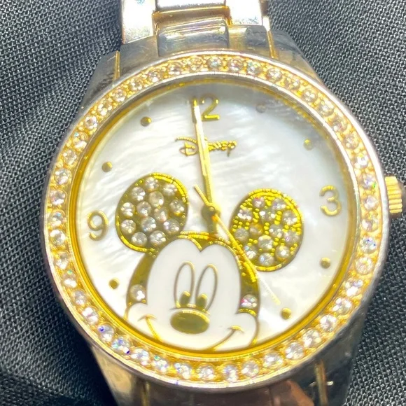 Disney Women's MK2127 Mickey Mouse Rhinestone Accent Gold-Tone Bracelet Watch