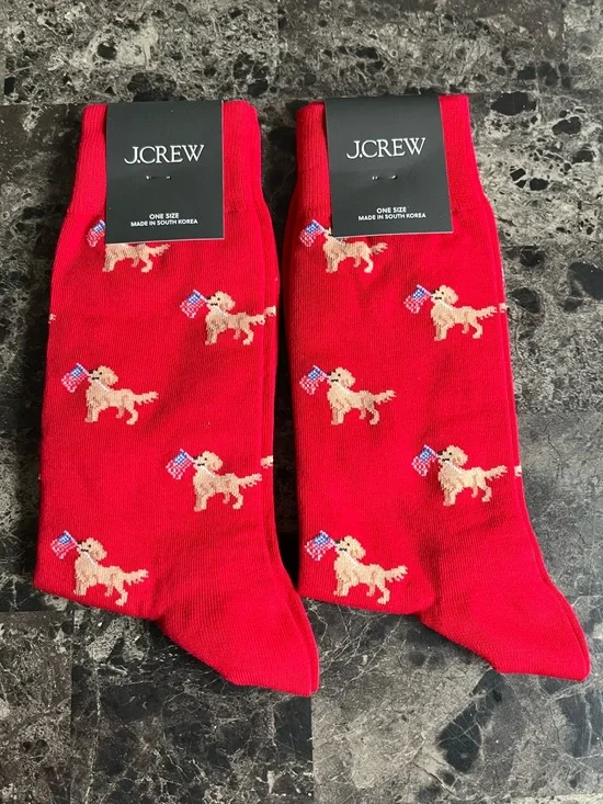 Bundle J Crew Mens Dog With US Flag Graphics Socks Holiday Red 2 Set