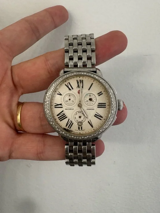 Woman’s Michele Silver Stainless Steel Chronograph Watch - Serein w/WATER DAMAGE
