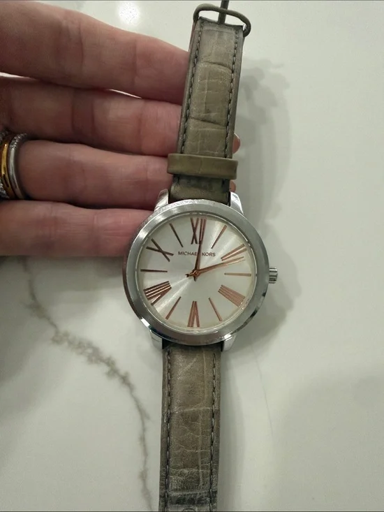Michael Kors Silver Case Watch with Taupe Leather Strap and Rose-Gold Accents