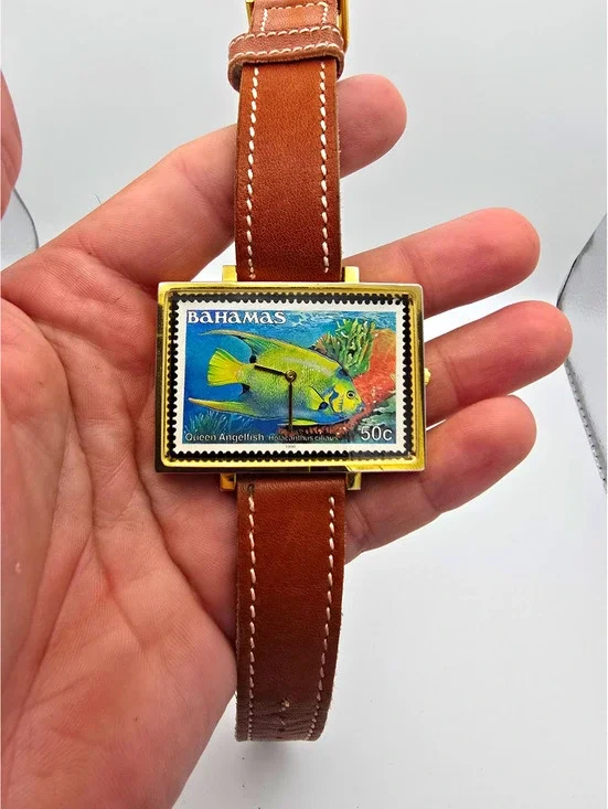 Renato 0690 Quartz Analog Rectangle Watch Stamp Fish Dial Brown Leather Strap