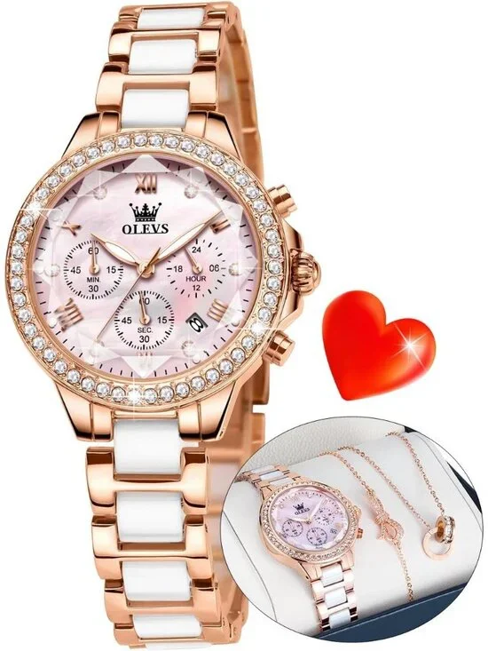 Women's Pink Set Shinning Elegant Luxury Necklaces & Bracelets Wrist Watches