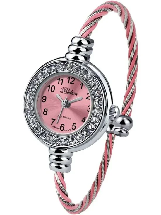 Women Silver And Pink Analog Cable Cuff Arabic Numbers Rhinestone Bracelet Watch