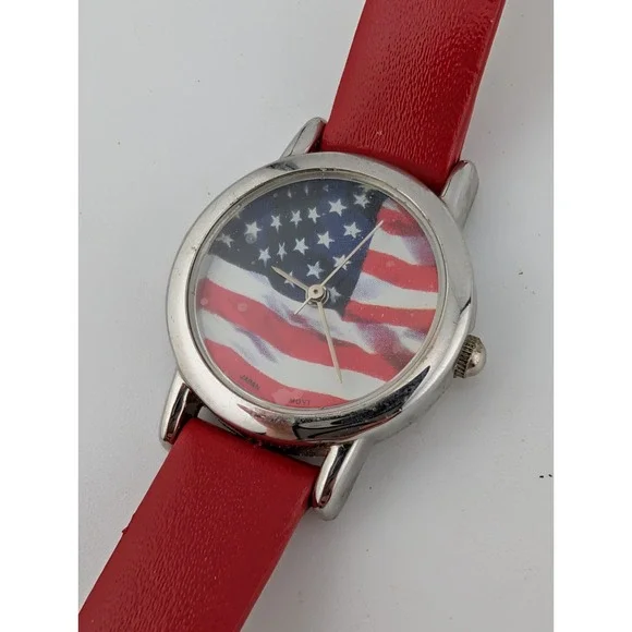 American Flag Watch Women 26mm Case‎ Red Leather Band- New Battery