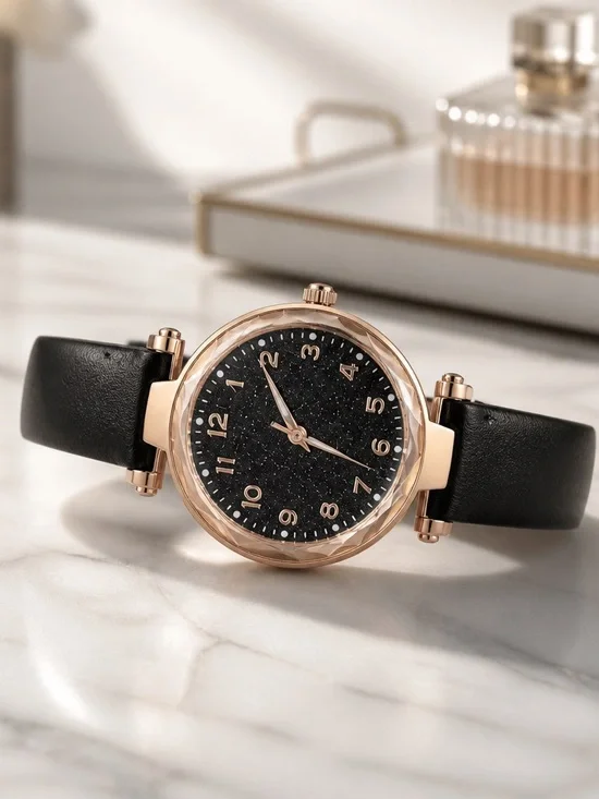 Geneva Rose Gold Case Black Starry Dial Leather Strap Women's Watch