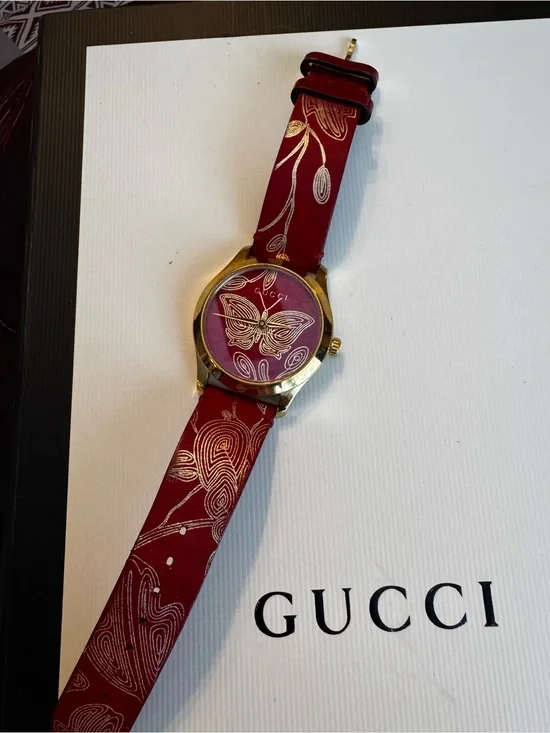 Gucci Gold-Tone Case Watch with Red Butterfly Strap