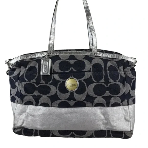 Coach Denim Signature Stripe Tote Weekender Diaper Bag F17443 Large Shoulder Bag