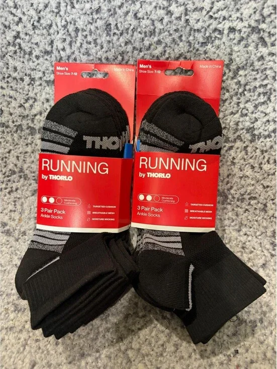 Thorlo Mens Running Ankle Socks 6 Pair Lot Black Size 7-12 Cushioned NEW