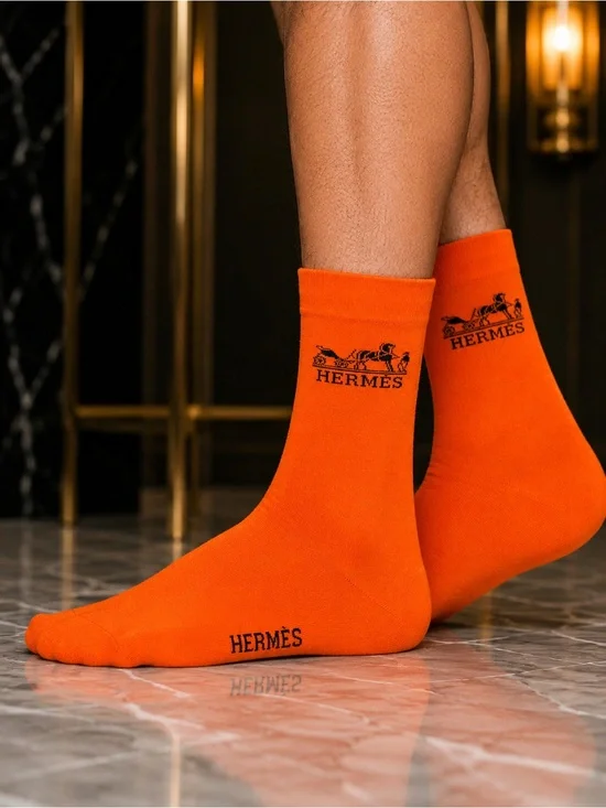 Hermes Orange Logo Crew Socks for Men