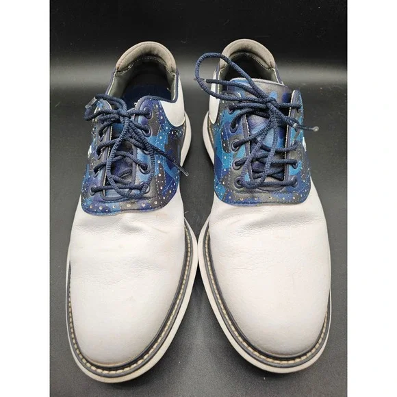 FootJoy Traditions 9.5 Golf Shoes White Blue Camo Saddle Spiked Leather Mens